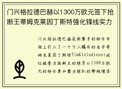 门兴格拉德巴赫以1300万欧元签下抢断王蒂姆克莱因丁斯特强化锋线实力