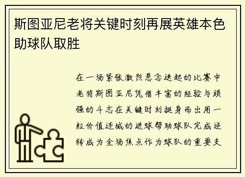 斯图亚尼老将关键时刻再展英雄本色助球队取胜 斯图亚尼老将关键时刻再展英雄本色助球队取胜