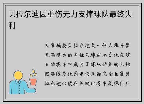 贝拉尔迪因重伤无力支撑球队最终失利